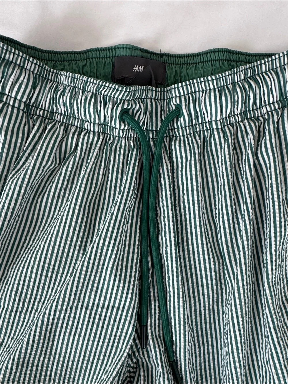 H&M Green and White Striped Swim Trunks